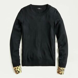 Black Wool J Crew Sweater with Cheetah Print Cuff Sleeve Size S
